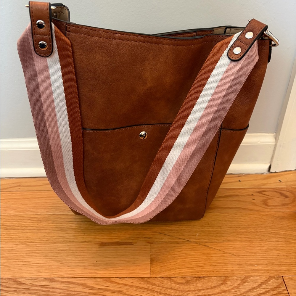 Brown Leather Shoulder Bucket Crossbody Bag with Pink Strap